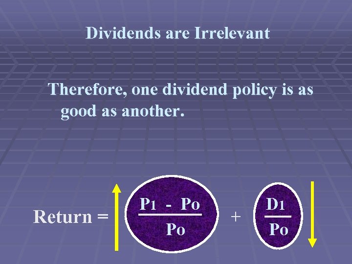 Dividends are Irrelevant Therefore, one dividend policy is as good as another. Return =