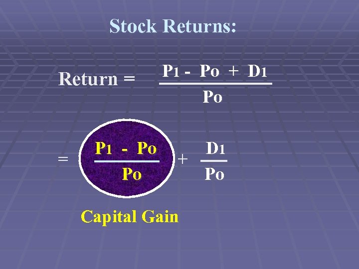 Stock Returns: Return = = P 1 - Po Po P 1 - Po