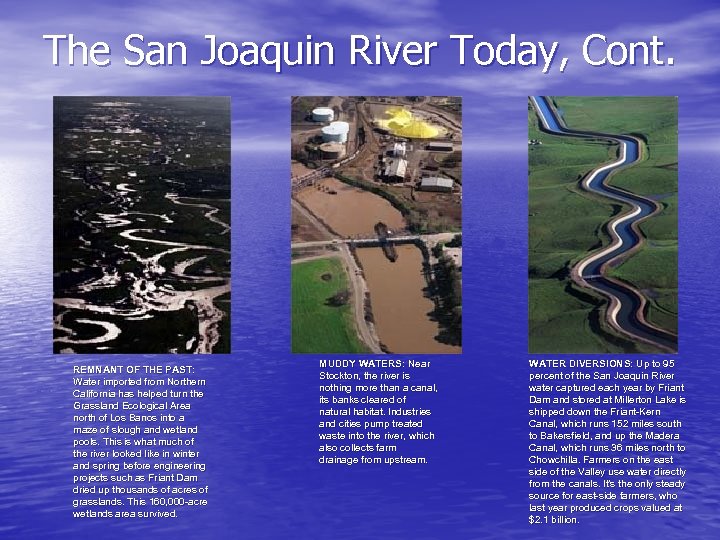 The San Joaquin River Today, Cont. REMNANT OF THE PAST: Water imported from Northern