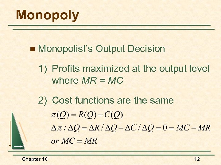 Monopoly n Monopolist’s Output Decision 1) Profits maximized at the output level where MR