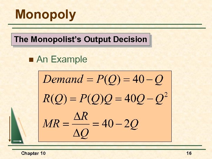 Monopoly The Monopolist’s Output Decision n An Example Chapter 10 16 