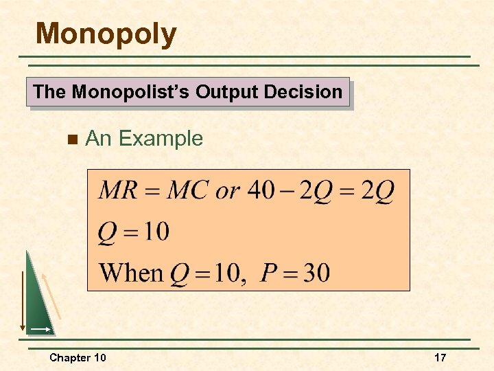 Monopoly The Monopolist’s Output Decision n An Example Chapter 10 17 