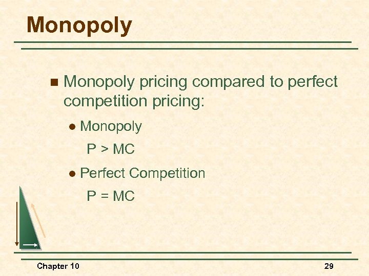 Monopoly n Monopoly pricing compared to perfect competition pricing: l Monopoly P > MC