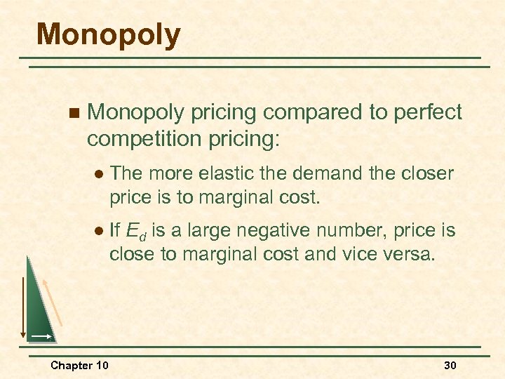 Monopoly n Monopoly pricing compared to perfect competition pricing: l The more elastic the