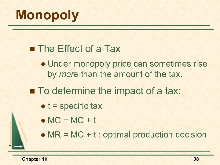 Monopoly n The Effect of a Tax l n Under monopoly price can sometimes