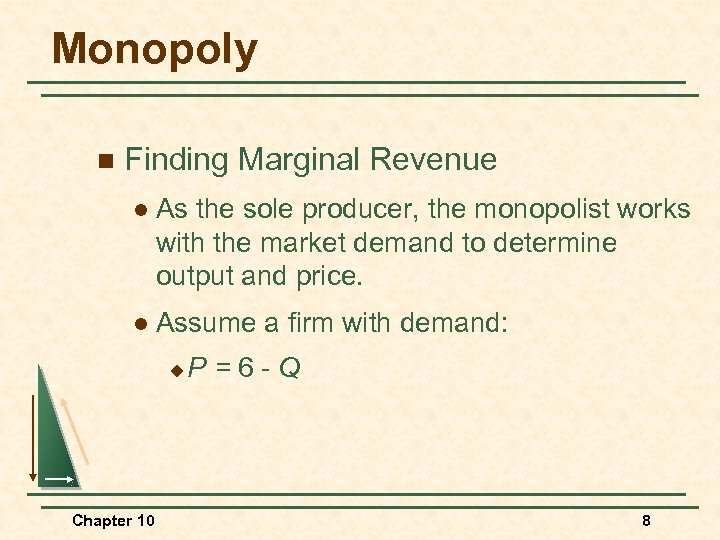 Monopoly n Finding Marginal Revenue l As the sole producer, the monopolist works with
