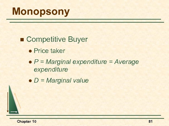 Monopsony n Competitive Buyer l Price taker l P = Marginal expenditure = Average