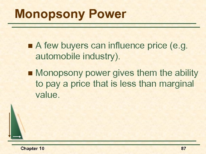 Monopsony Power n A few buyers can influence price (e. g. automobile industry). n