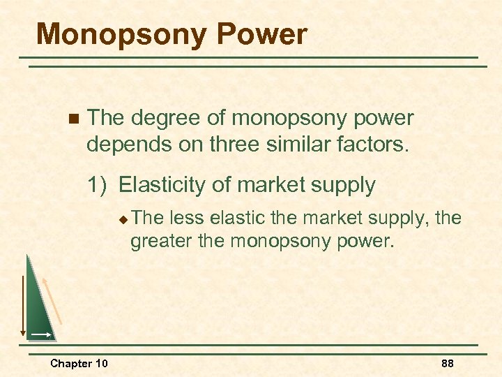 Monopsony Power n The degree of monopsony power depends on three similar factors. 1)
