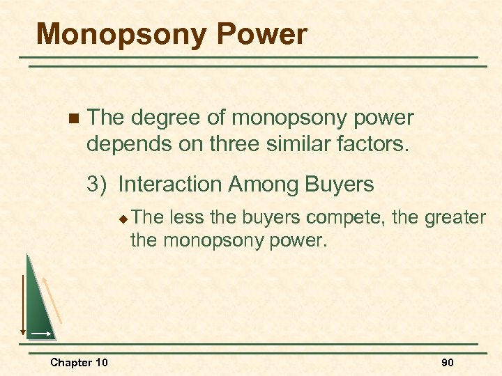 Monopsony Power n The degree of monopsony power depends on three similar factors. 3)