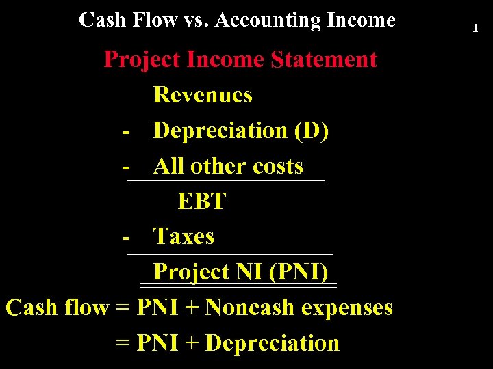 Cash Flow vs. Accounting Income Project Income Statement Revenues - Depreciation (D) - All