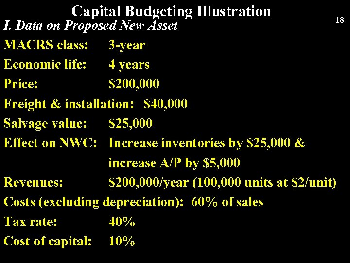 Capital Budgeting Illustration 18 I. Data on Proposed New Asset MACRS class: 3 -year