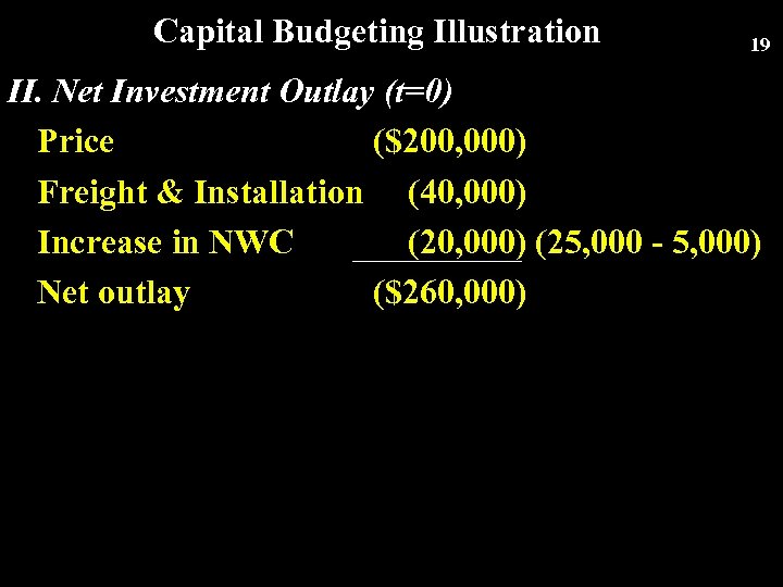 Capital Budgeting Illustration 19 II. Net Investment Outlay (t=0) Price ($200, 000) Freight &