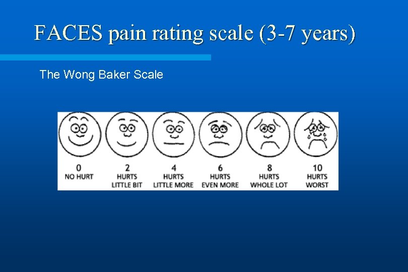 FACES pain rating scale (3 -7 years) The Wong Baker Scale 