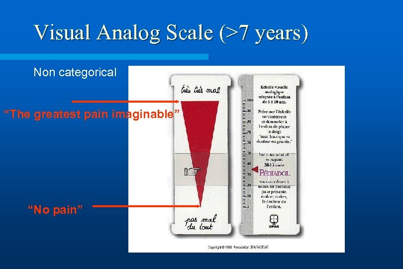 Visual Analog Scale (>7 years) Non categorical “The greatest pain imaginable” “No pain” 