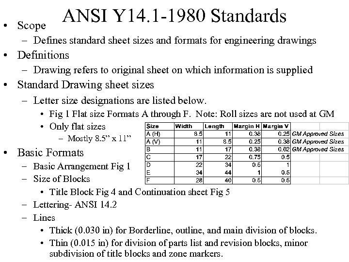  • Scope ANSI Y 14. 1 -1980 Standards – Defines standard sheet sizes