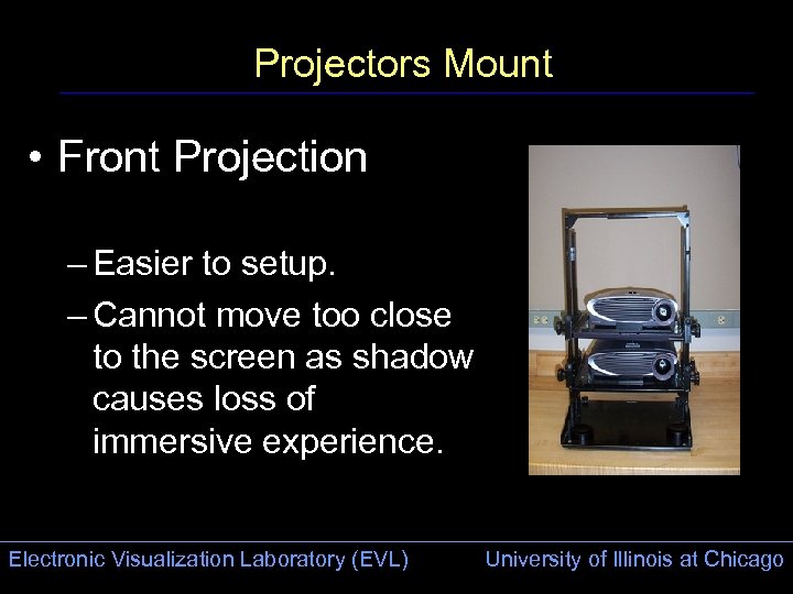 Projectors Mount • Front Projection – Easier to setup. – Cannot move too close