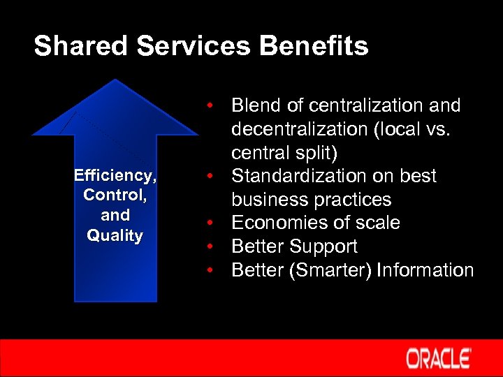 Shared Services Benefits Efficiency, Control, and Quality • Blend of centralization and decentralization (local