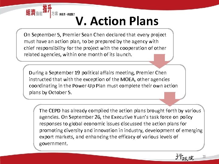 V. Action Plans On September 5, Premier Sean Chen declared that every project must