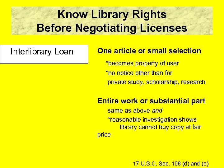 Know Library Rights Before Negotiating Licenses Interlibrary Loan One article or small selection *becomes