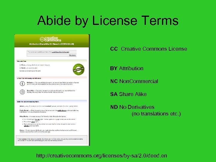 Abide by License Terms CC Creative Commons License BY Attribution NC Non. Commercial SA