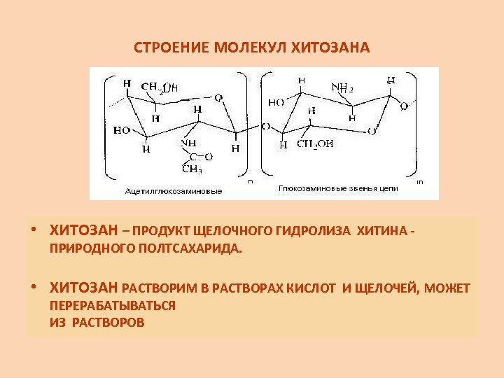 СТРОЕНИЕ МОЛЕКУЛ ХИТОЗАНА • ХИТОЗАН – ПРОДУКТ ЩЕЛОЧНОГО ГИДРОЛИЗА ХИТИНА ПРИРОДНОГО ПОЛТСАХАРИДА. • ХИТОЗАН