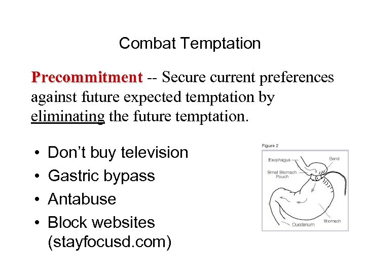 Combat Temptation Precommitment -- Secure current preferences against future expected temptation by eliminating the