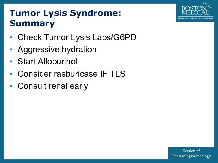 Tumor Lysis Syndrome: Summary • • • 26 Check Tumor Lysis Labs/G 6 PD