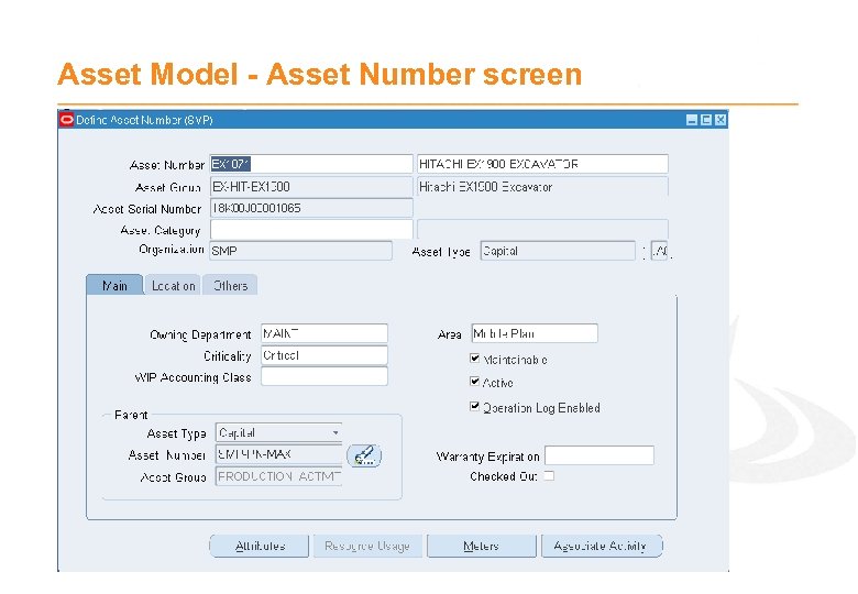 Asset Model - Asset Number screen 