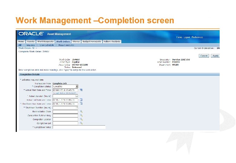 Work Management –Completion screen 