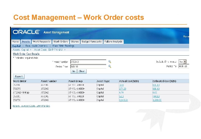 Cost Management – Work Order costs 