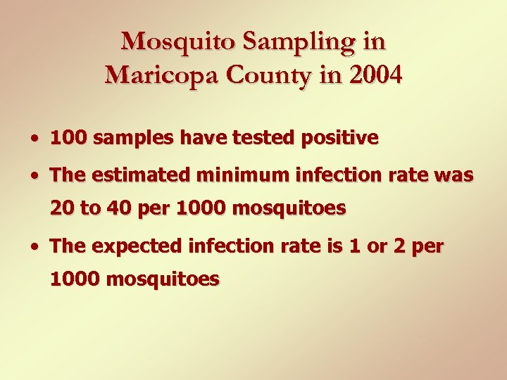 Mosquito Sampling in Maricopa County in 2004 • 100 samples have tested positive •
