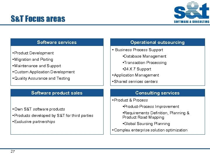 S&T Focus areas Software services • Product Development • Migration and Porting • Maintenance