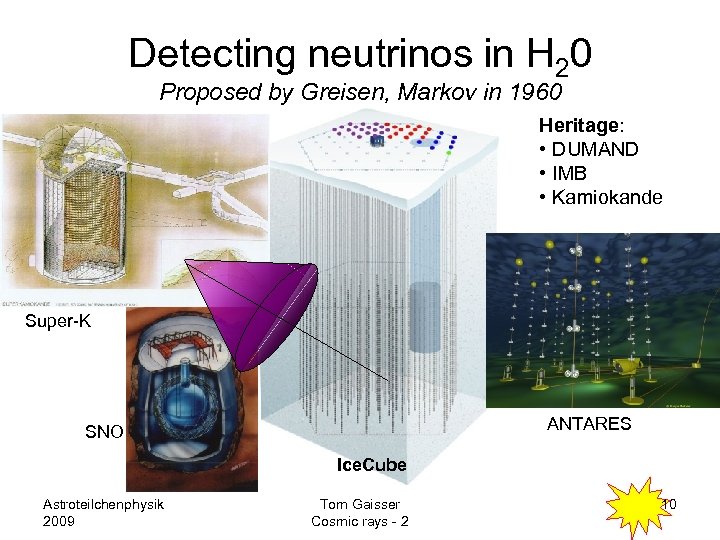 Detecting neutrinos in H 20 Proposed by Greisen, Markov in 1960 Heritage: • DUMAND
