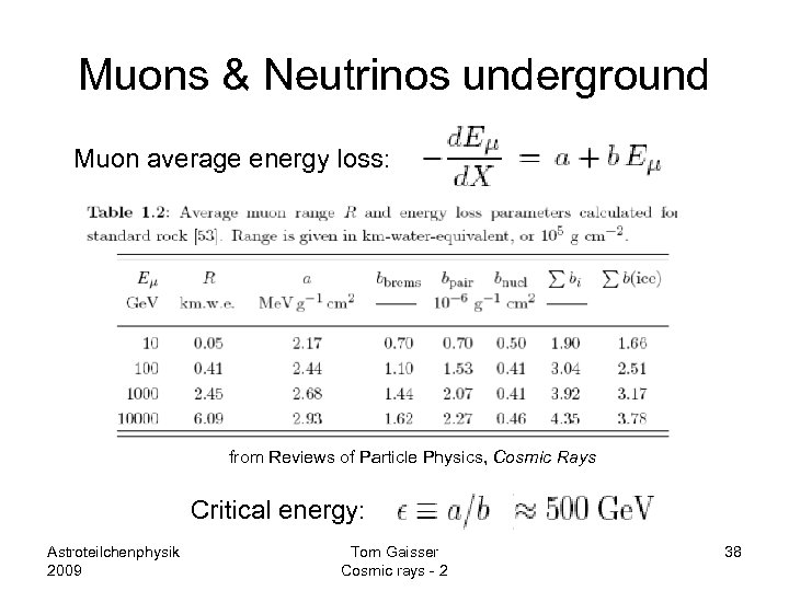 Muons & Neutrinos underground Muon average energy loss: from Reviews of Particle Physics, Cosmic