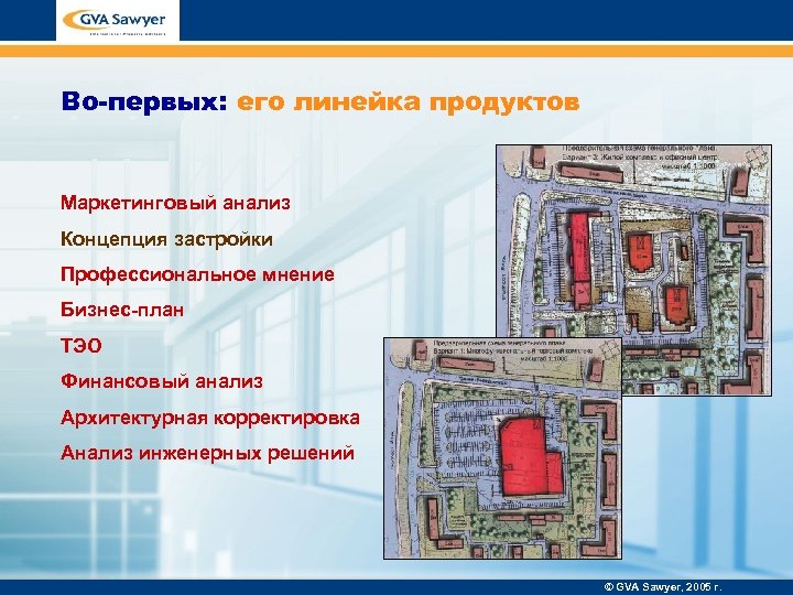 Во-первых: его линейка продуктов Маркетинговый анализ Концепция застройки Профессиональное мнение Бизнес-план ТЭО Финансовый анализ