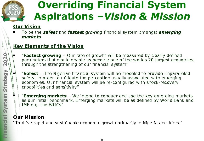 Overriding Financial System Aspirations –Vision & Mission Our Vision § To be the safest