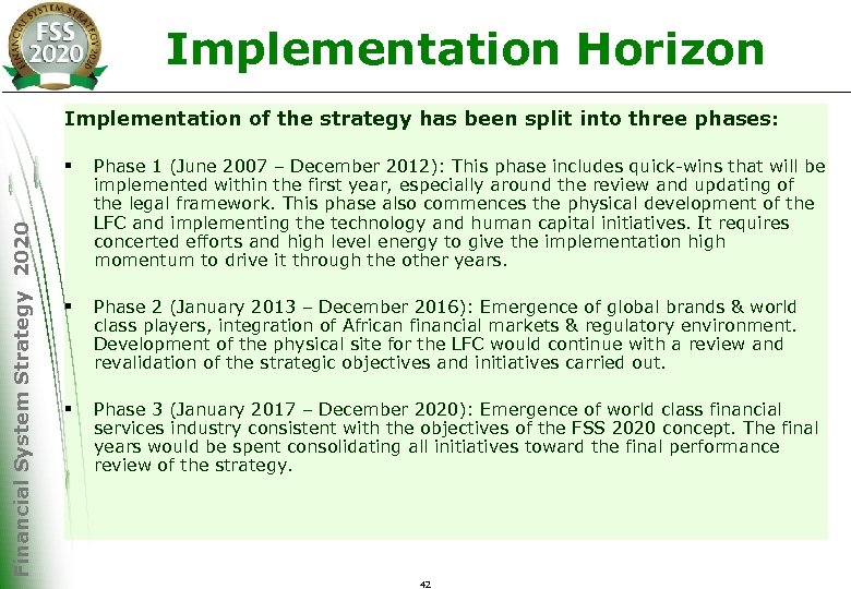 Implementation Horizon Implementation of the strategy has been split into three phases: Financial System