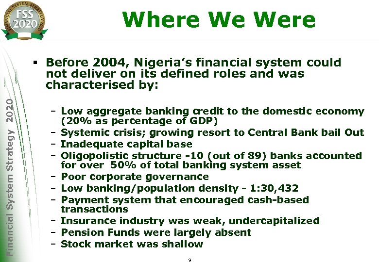 Where We Were Financial System Strategy 2020 § Before 2004, Nigeria’s financial system could
