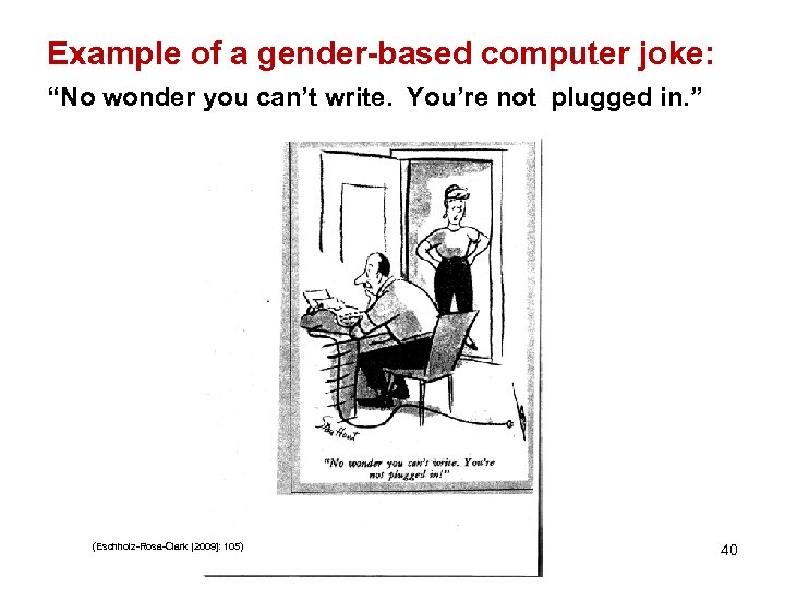 Example of a gender-based computer joke: “No wonder you can’t write. You’re not plugged