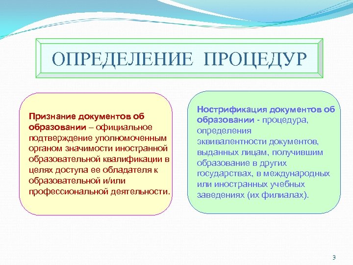 ОПРЕДЕЛЕНИЕ ПРОЦЕДУР Признание документов об образовании – официальное подтверждение уполномоченным органом значимости иностранной образовательной
