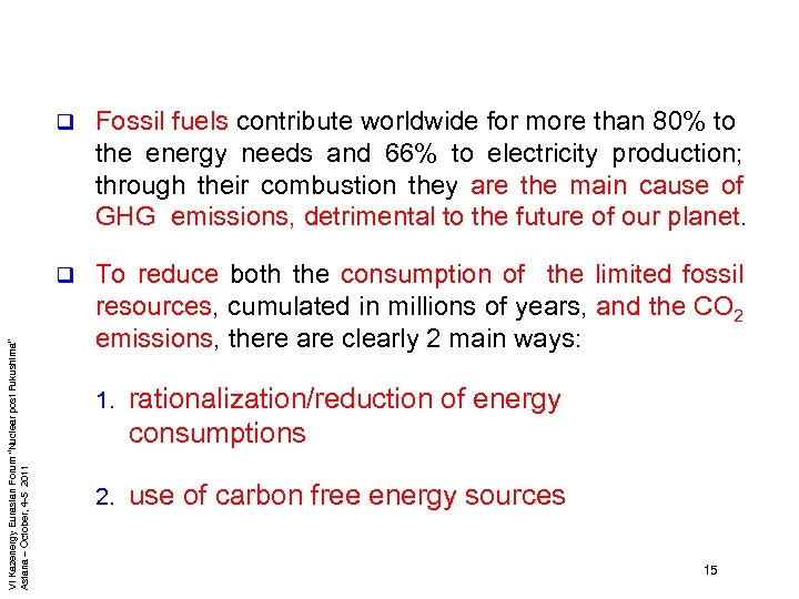 Fossil fuels contribute worldwide for more than 80% to the energy needs and 66%