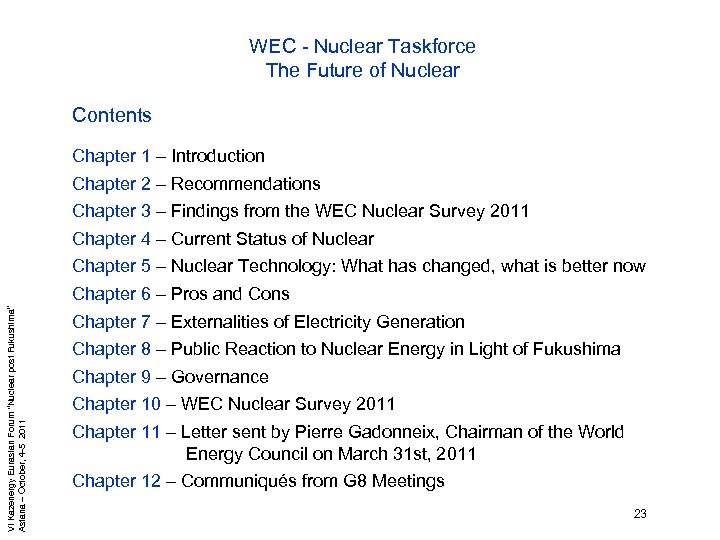 WEC - Nuclear Taskforce The Future of Nuclear Contents Chapter 1 – Introduction Chapter