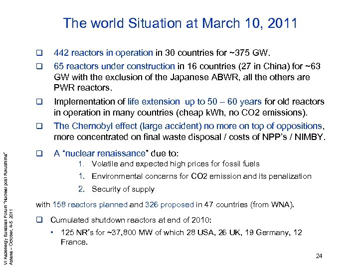 The world Situation at March 10, 2011 442 reactors in operation in 30 countries