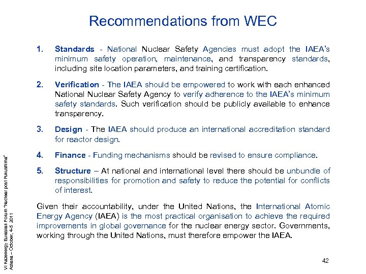 Recommendations from WEC Standards - National Nuclear Safety Agencies must adopt the IAEA’s minimum