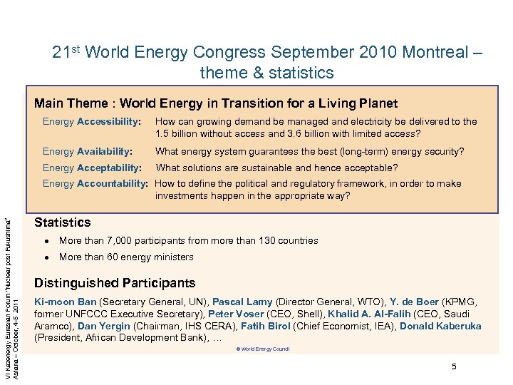 21 st World Energy Congress September 2010 Montreal – theme & statistics Main Theme