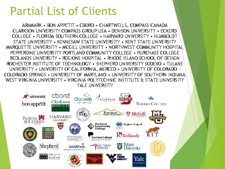 Partial List of Clients ARAMARK • BON APPETIT • CBORD • CHARTWELLS, COMPASS CANADA