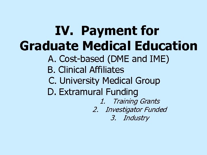 IV. Payment for Graduate Medical Education A. Cost-based (DME and IME) B. Clinical Affiliates