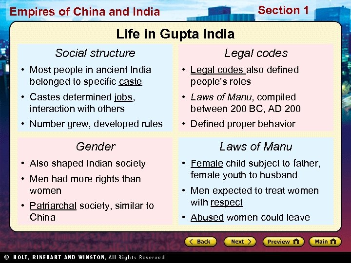 Section 1 Empires of China and India Life in Gupta India Social structure Legal