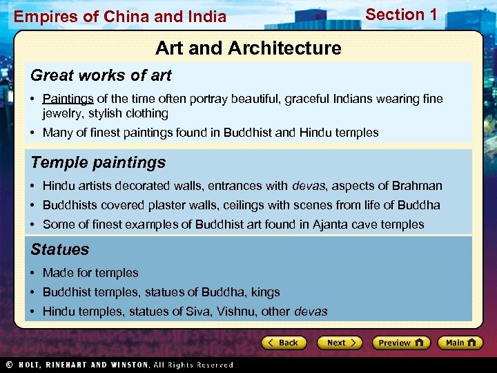Empires of China and India Section 1 Art and Architecture Great works of art
